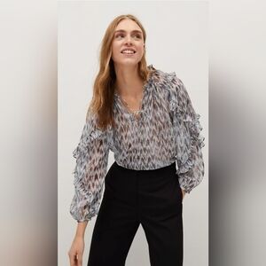 Mango Ruffle Printed Sheer V Neck Flowy  Blouse. Long Puffed Sleeves Size 6